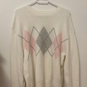 Hollister Cream Argyle Sweater with Pink and Gray Accents